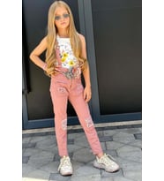 Kız Çocuk Kare Yaka Kolsuz Çiçek Baskılı T-shirt Yırtmaç Detaylı Gül Kurusu Jean