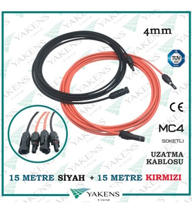 Güneş Paneli Uzatma Kablosu (15m+15m) 30 Metre 4mm Çift Taraflı Hazır Soketli Solar Ara Kablo Siyah Kırmızı (Siyah-Kırmızı)