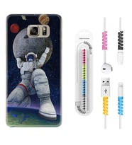 Samsung S7 Edge S20 Fe Plus Ultra S21 S22 Kılıf Kablo Koruma Spiral Silikon Astronot ve Dünya 1759