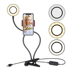 LED Ring Light Masaüstü Telefon Tutucu – 3 Işık Modlu, Esnek Kollu, Mandallı Vlog & Canlı Yayın Lambası