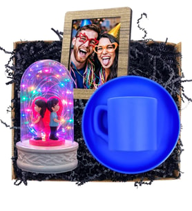Size Özel Fotoğraflı Hediye Seti Mavi Kahve Fincanı ve Renkli Led Işıklı Fanus (Model 1)