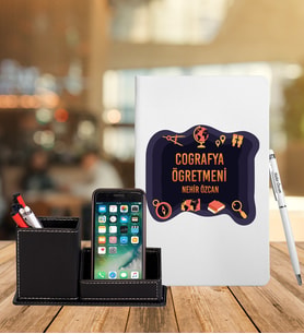 Coğrafya Öğretmeni Özel Deri Defter & Roller Kalem & Ahşap Mdf Kalemlik