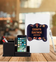 Coğrafya Öğretmeni Özel Deri Defter & Roller Kalem & Ahşap Mdf Kalemlik