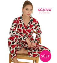 Kadın Gömlek Yaka Önden Düğmeli Saten Biyeli Göğüs Cepli İnce Süet Kışlık Uzun Kol Pijama Takımı (Ekru)