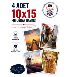 4 Adet 10x15 Fotoğraf Baskısı , Kendin Tasarla Baskı - Kişiye Özel Fotoğraf, Poster Baskı - 250 GSM Fotoğraf Kağıdına Baskı