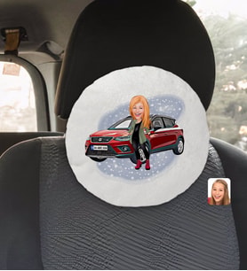 BK Gift Kişiye Özel Plakalı Kadın Seat Ateca Karikatürlü Yuvarlak Araç Koltuk Yastığı-1