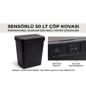 Sensörlü Çöp Kovası Şarjlı 50 Litre Fotoselli Otomatik Açılır Hijyenik-Siyah