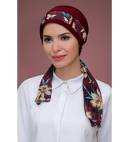 Bordo Pratik Hazır Geçmeli Tesettür Bone Sandy Kumaş Desenli Şifon Kemerli 1205D_16