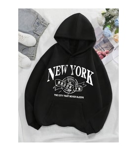 Unisex New York Baskılı Oversize Baskılı Kapşonlu Sweatshirt 3 Iplik (Siyah)