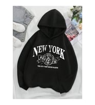Unisex New York Baskılı Oversize Baskılı Kapşonlu Sweatshirt 3 Iplik (Siyah)