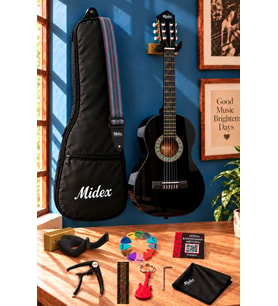 Midex CG-270BK Siyah Klasik Gitar 4/4 Yetişkin Boy Sap Ayarlı Full Set