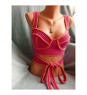 Vip Handmade Turuncu-Pembe Crop Top Büstiyer (Pembe)