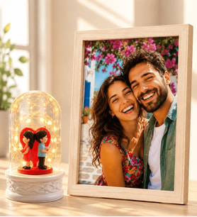Kişiye Özel Fotoğraflı Ahşap Çerçeve ve LED Işıklı Sırt Sırta Biblolu Fanus Sevgiliye Hediye