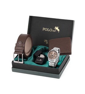 Polo Air Erkek Set Kombin Kemer Cüzdan Çakmak Kol Saati Hediyelik Kutusunda Kahverengi Set PL-0969E3