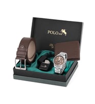 Polo Air Erkek Set Kombin Kemer Cüzdan Çakmak Kol Saati Hediyelik Kutusunda Kahverengi Set PL-0969E3 (Beyaz - Kahverengi)