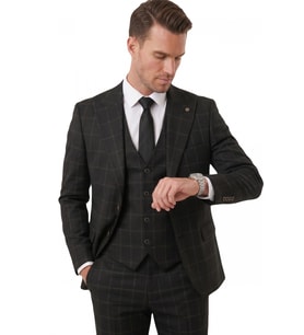DeepSEA Erkek Siyah Slim Fit 3’lü Takım Elbise – Kareli Ekose Desenli Yelekli Şık Takım 2600517