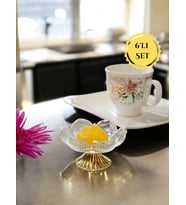 Gold Renk Metal Ayaklı Lotus Çiçeği Kahve Yanı Cam Lokumluk Drajelik Takımı – 6 Adet (Sarı)
