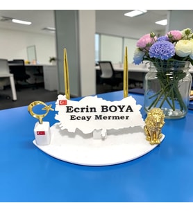 Sümen Ofis Doğal Beyaz Mermer İsimlik Haritalı Gold Çift Kalem ,Aslan ve Dikme Ay Yıldız