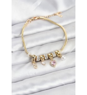 Pirinç Gold Renk Pembe Kalp Charmlı Kadın Bileklik - TJ-BB8191