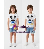 MODAVALS MICKEY NAKIŞLI LAZER KESİ DETAYLI ERKEK ÇOCUK KOT ŞORTLU TAKIM - MAVİ