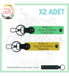 Bikerlar İçin Özel İsim Plaka ve B Rh (+) Kan Grubu Yazılı Hediyelik x2 Anahtarlık, Sarı-F Yeşil-Syh