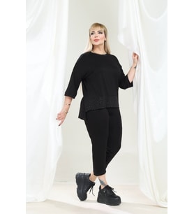 Kadın Truvakar Kol Taş Detaylı Kapri T-Shirt Şık Viskon Penye Takım