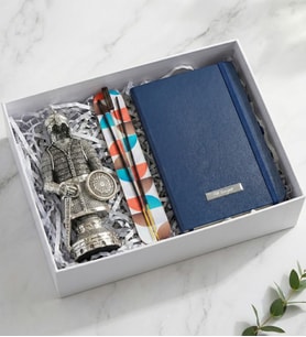 Kişiye Özel Mavi Defter & Ayetel Kürsi Baskılı Zırh Biblo & Tütsü Hediye Seti (Gümüş Gri)