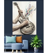 Müzik Notası Saçan Gitar Dekoratif Kanvas - Mdf Ahşap Tablo