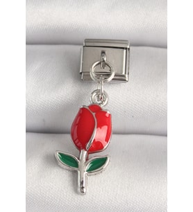 316L Çelik Gümüş Renk Kırmızı Gül Model Nomination Charm