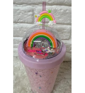PİPETLİ BARDAK MATARA SEVİMLİ SULUK 450 ml  ÇİFT KATMANLI KALPLİ PULLU (Pembe)