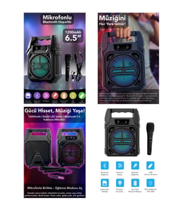 6.5 INC BLUETOOTH WİRELESS MİKROFONLU HOPARLÖR - SPEAKER USB SARJLI AUX - TF - USB PS-1283 (5668)