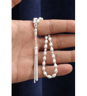 Arpa Kesim Çizgili Orta Boy 925 Ayar Gümüş Tespih VET-0094