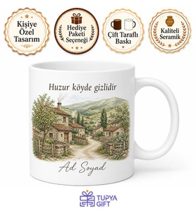 Köy Yaşamı Çizimli Kupa Bardak Nostaljik Hediye Porselen Mug