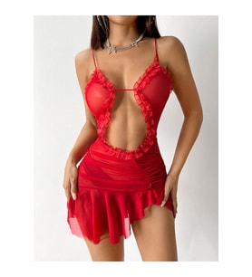 Kırmızı Tül Fırfırlı Mini Transparan Elbise