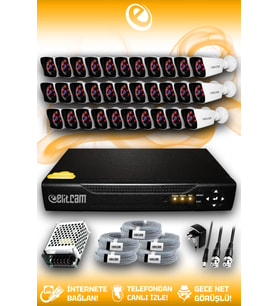 ELITCAM 32 Kameralı Kare 32 Dış Kamera Set HDD'siz Full HD Gece Görüşlü Güvenlik Kamerası Sistemi