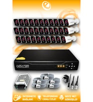 ELITCAM 32 Kameralı Kare 32 Dış Kamera Set HDD'siz Full HD Gece Görüşlü Güvenlik Kamerası Sistemi