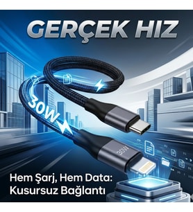 30W Ultra Hızlı Şarj ve Veri Kablosu Type-C to Lightning, Kırılmaz Örgülü Tasarım