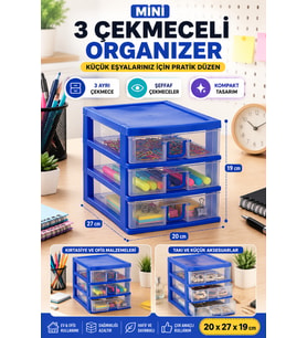 Şeffaf Mini 3 Çekmeceli Organizer, Masaüstü Düzenleyici 20x27x19 cm
