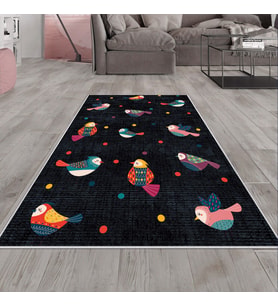 Gri Kuş Desenli Yıkanabilir Kaymaz Taban Leke Tutmaz Modern Salon Halısı ve Yolluk (Çok Renkli)