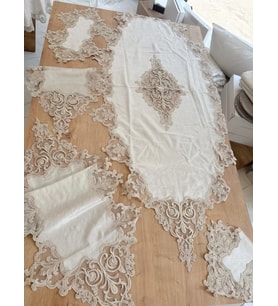 Salon Takımı Çeyizlik Krem Runner Set 5 Parça Kadife Masa Örtüsü Runneri Eva