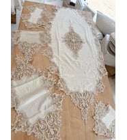 Salon Takımı Çeyizlik Krem Runner Set 5 Parça Kadife Masa Örtüsü Runneri Eva
