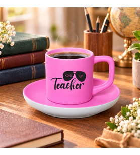 BK Gift Öğretmenlerin Kralı Tasarımlı Mat Pembe Türk Kahvesi Fincanı ve Tabağı