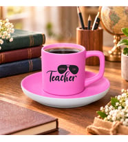 BK Gift Öğretmenlerin Kralı Tasarımlı Mat Pembe Türk Kahvesi Fincanı ve Tabağı