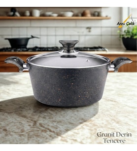 ARZU ÇELİK 28 Cm Granit Derin Tencere Cam Kapak - Siyah