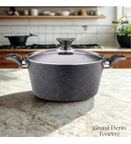 ARZU ÇELİK 28 Cm Granit Derin Tencere Cam Kapak - Siyah