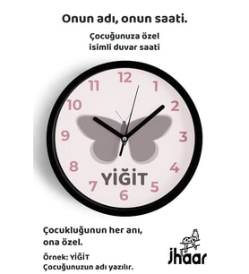 İsme Özel Kelebek Çocuk Odası Duvar Saati Orta Boy 30 cm Siyah Camlı Sessiz