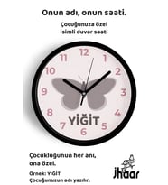 İsme Özel Kelebek Çocuk Odası Duvar Saati Orta Boy 30 cm Siyah Camlı Sessiz