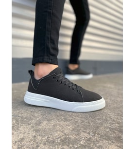 Siyah Beyaz Flex Bağcıklı Keten Kumaş Erkek Günlük Sneaker Ayakkabı