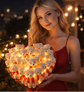 Sevgiliye Hediye LED Işıklı Deluxe Kırmızı Kalp Tasarım Kutuda Romantik Aşk Tılsımı Seti Işıltılı 32'li Peluş Ayıcık Buketi