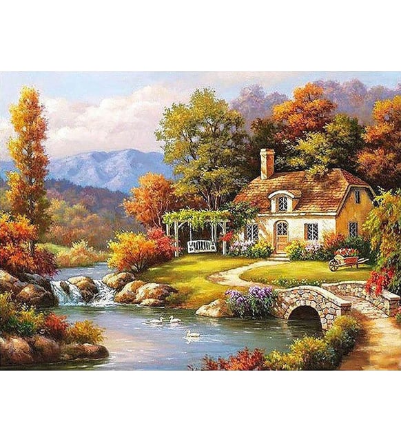 Köprü Başındaki Ev Sayılarla Boyama Seti 40x50 cm (Tuvale Gerili)